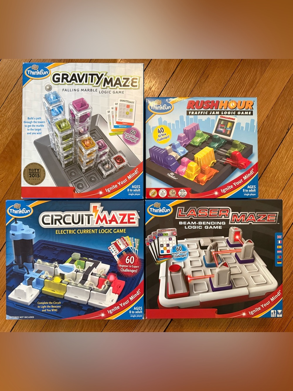 4 Thinkfun Logic Games – Laser Maze + Circuit Maze + Gravity Maze + Rush Hour